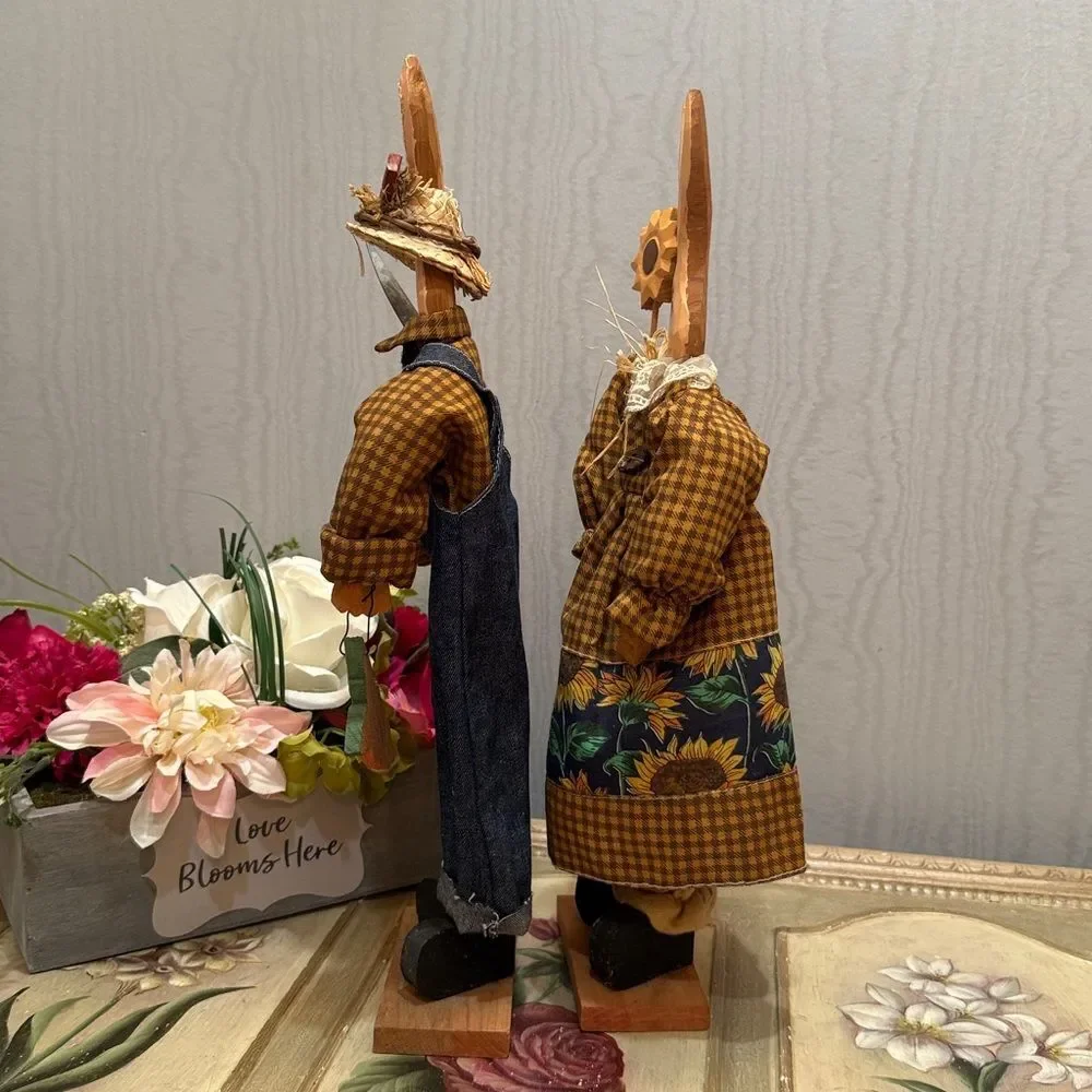 Vintage Wooden Easter Bunny Country Couple Farmers Primitive Country Folk Art